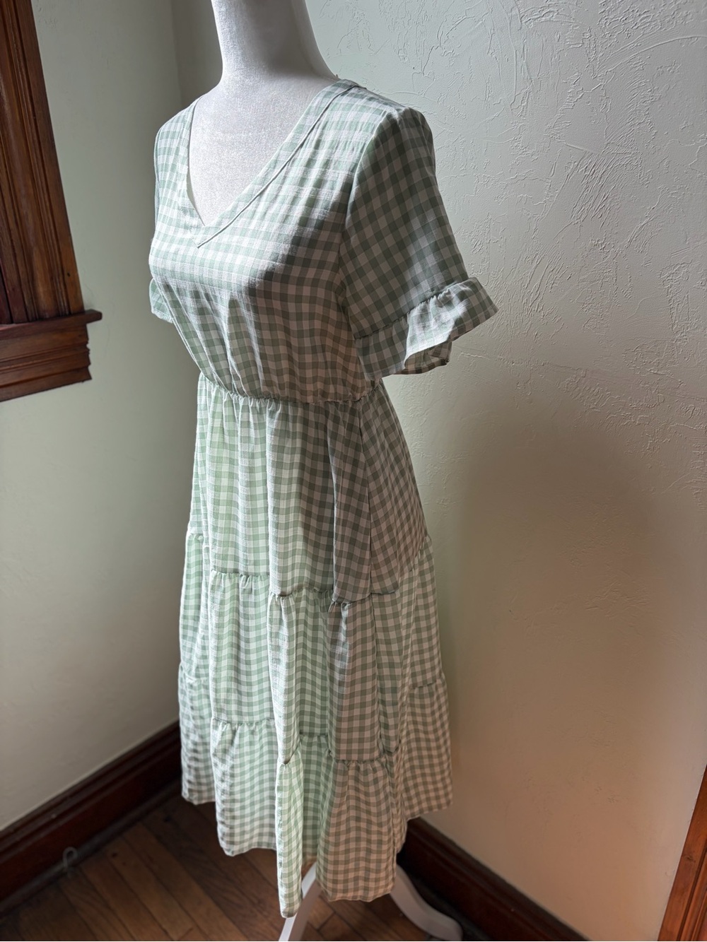 To My Lovers Sage Green Gingham Cotton Tiered Midi Dress Small NWT - Picture 9 of 12